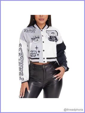 Women's Cropped Varsity Bomber Jacket Letter Print Baseball Streetwear Coat